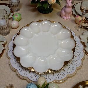 Vtg Anchor Hocking Fire King Milk Glass Deviled Egg Plate 22K Gold Trim Easter